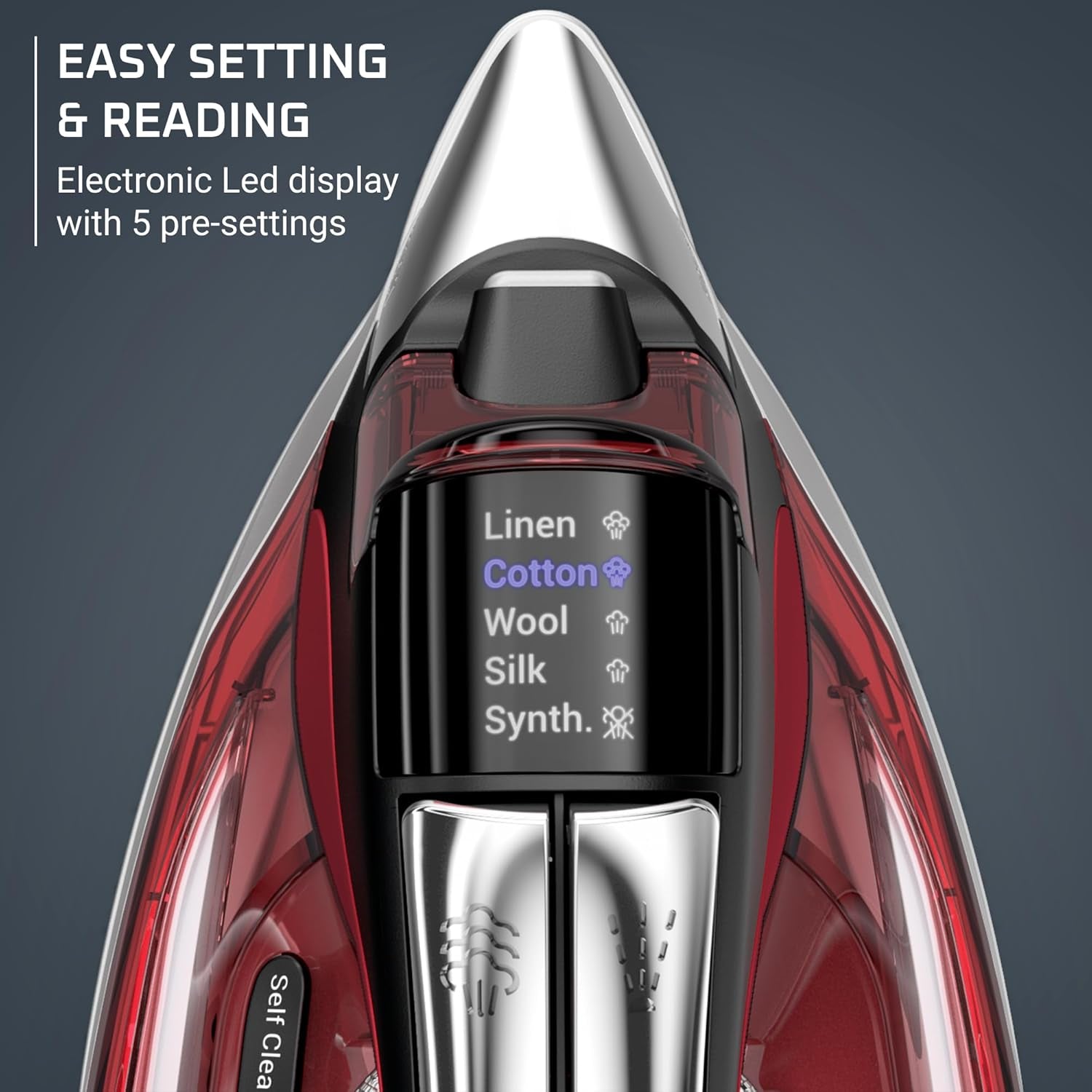 Iron, Focus Excellence Stainless Steel Soleplate Steam Iron for Clothes, Retractable Cord, 400+ Microsteam Holes, Powerful Steam, LED Display, 1750 W Ironing Clothes, Cordreel, Red DW5433