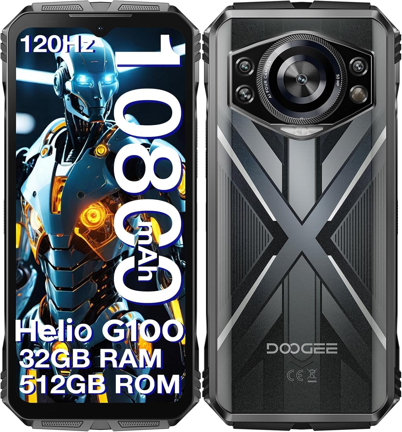 S Cyber Pro Rugged Phone, 10800Mah Android 14 Rugged Smartphone, 32GB+512GB, Helio G100 Octa Core Gaming Phones, 6.6" FHD+ 120Hz IPS Waterdrop Screen, 4G Dual SIM Mobile Phone, Green