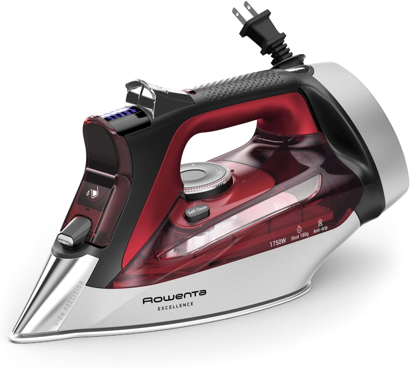 Iron, Focus Excellence Stainless Steel Soleplate Steam Iron for Clothes, Retractable Cord, 400+ Microsteam Holes, Powerful Steam, LED Display, 1750 W Ironing Clothes, Cordreel, Red DW5433
