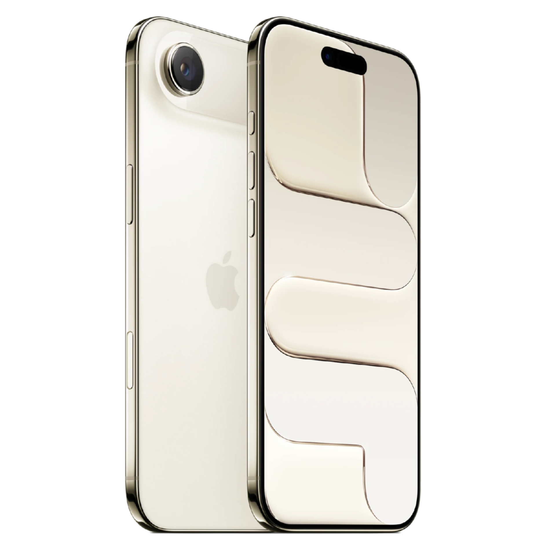 Representación del iPhone 17 Air en color dorado o crema. Muestra la parte trasera con cámara única y la pantalla con un fondo de pantalla abstracto.