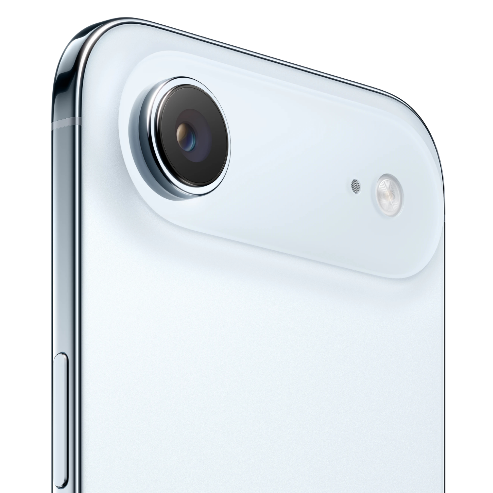 Primer plano de la cámara trasera individual y el flash LED del iPhone 17 Air en color blanco. Muestra el diseño del módulo de cámara en una banda.