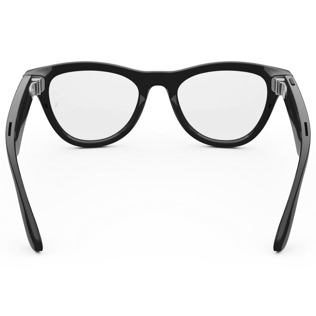 Gafas graduadas inteligentes Ray-Ban Meta Wayfarer negras. Vista trasera mostrando lentes transparentes y patillas abiertas.