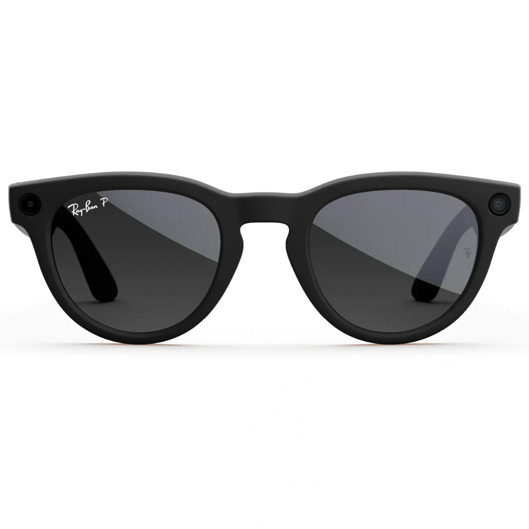 Gafas de sol inteligentes Ray-Ban Stories o Meta Smart Glasses negras, estilo Wayfarer o redondeado, con lentes oscuras y cámaras integradas.