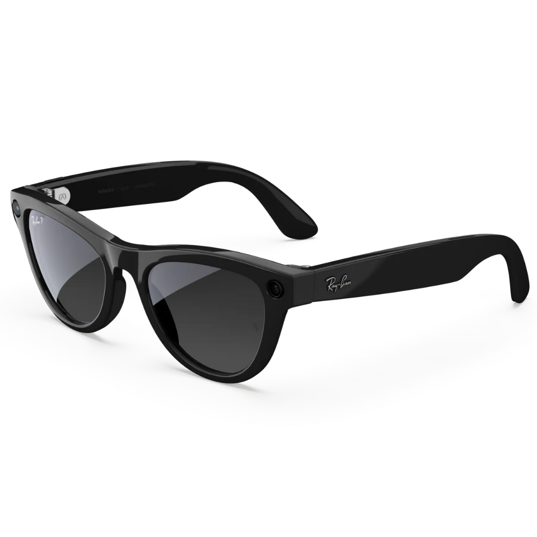 Gafas inteligentes Ray-Ban Wayfarer negras. Montura brillante y lentes oscuras con cámara y tecnología Meta.