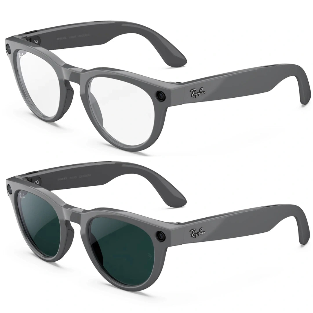 Dos pares de gafas inteligentes Ray-Ban Meta Wayfarer en color grafito: un par con lentes transparentes y otro con lentes de sol.