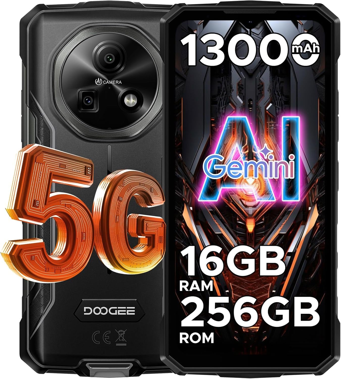 Fire 7(2025) AI 5G Rugged Phone,13000Mah/18W,Android 15 Rugged Smartphone,16Gb+256Gb/Tf 2TB,6.6" HD+ 90Hz Dimensity 6300 Gaming Phones,64Mp+16Mp,Ip68/Ip69K Waterproof,Nfc/Otg/Face ID