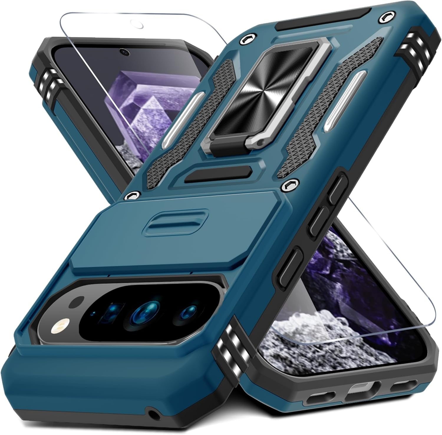 Case for Google Pixel 10/10 Pro with Slide Camera Cover+Screen Protector(1 Pack), Rotated Ring Kickstand Military Grade Shockproof Protective Cover-Green