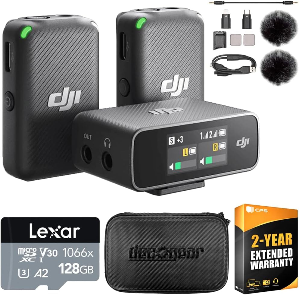 Mic Wireless Microphone System and Audio Recorder Bundle with Deco Gear 7" Hard Case + Clip-On Mini Lapel Microphone X2 & 1YR CPS Enhanced Protection Pack