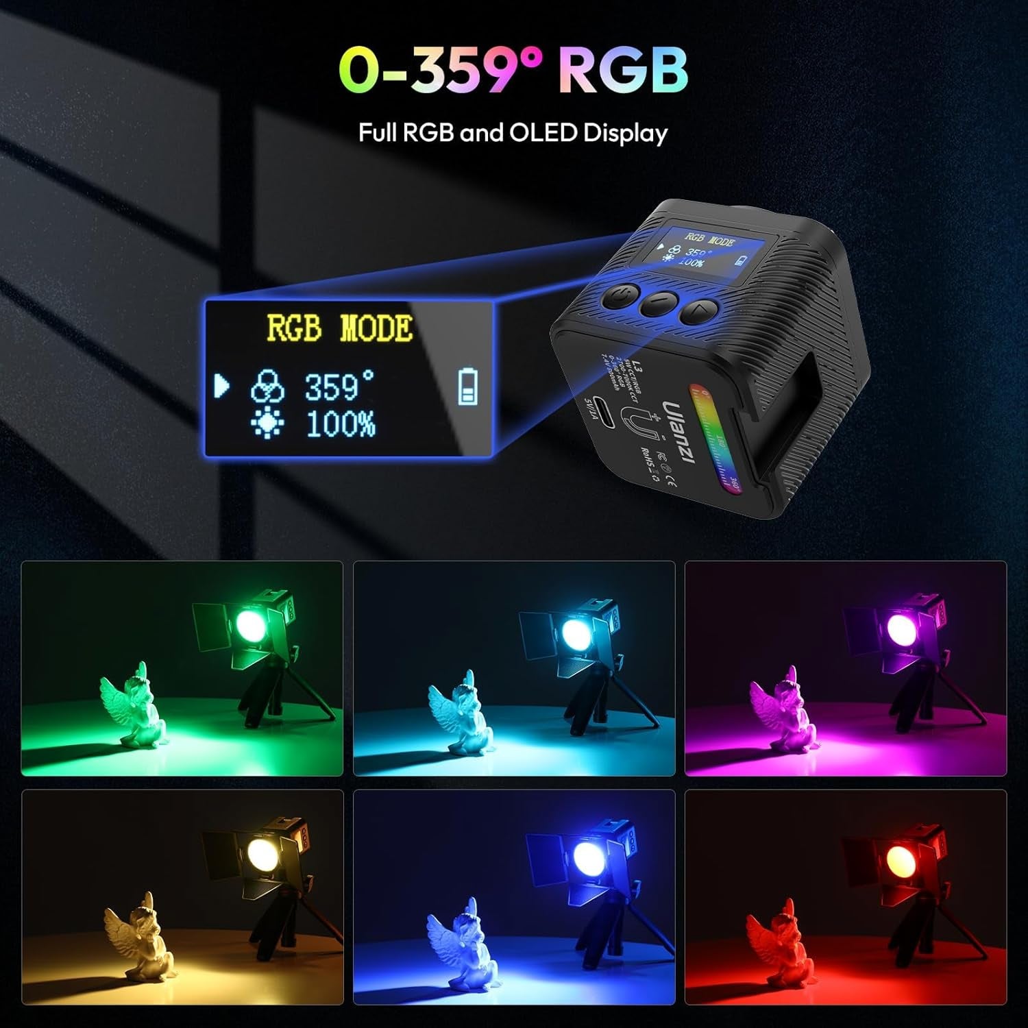 L3 RGB LED Video Light, Magnetic Camera Lighting Kit 2700K-7000K Mini Cube COB Light Dimmable Photography Fill Light with Barndoor, Fresnel Lens Cold Shoe for Smartphone,Action,Dslr Camera