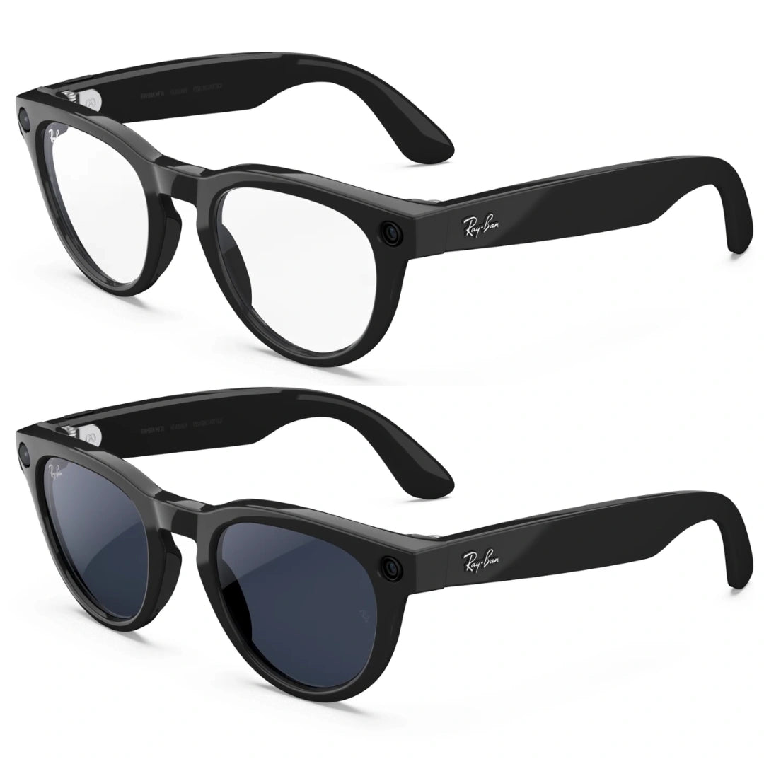 Doble imagen de gafas inteligentes Ray-Ban Meta negras: una con lentes de vista transparentes y otra con lentes de sol oscuras.