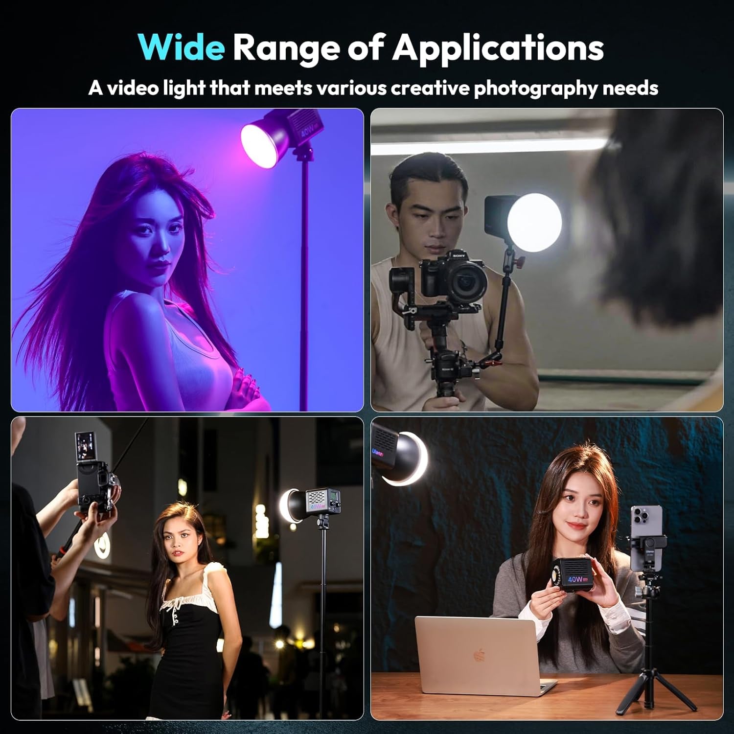 40W Pro RGB Portable LED Video Light W DC Power Adapter, 3400Mah Build-In Battery Metal Mini Adjustable Color Temperature COB Continuous Output Lighting Handheld Spotlight 2500K-6500K for Video