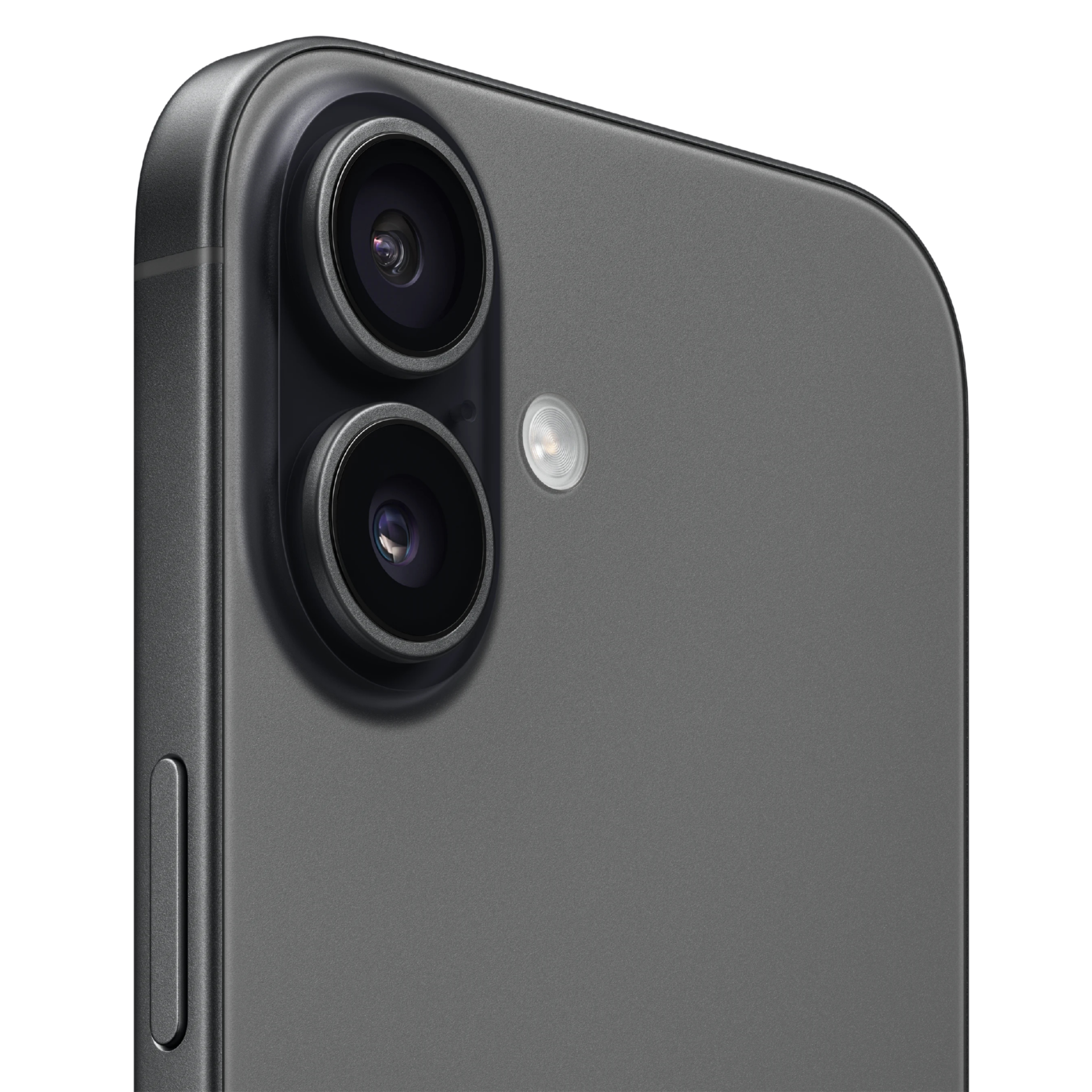 Primer plano de las dos lentes de la cámara trasera y el flash LED de un iPhone color gris espacial. Se ve la curvatura de la esquina y el botón lateral.