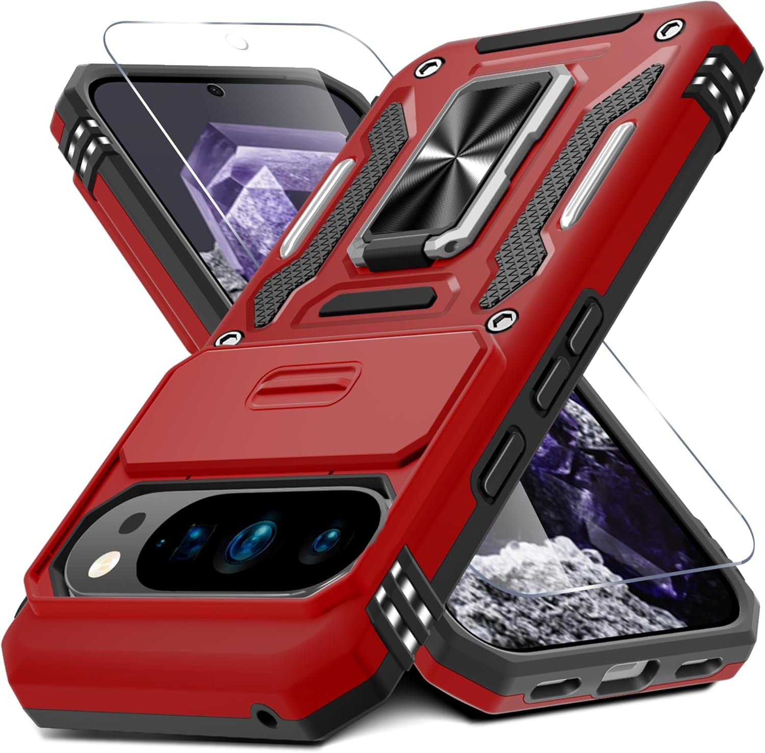 Case for Google Pixel 10/10 Pro with Slide Camera Cover+Screen Protector(1 Pack), Rotated Ring Kickstand Military Grade Shockproof Protective Cover-Green