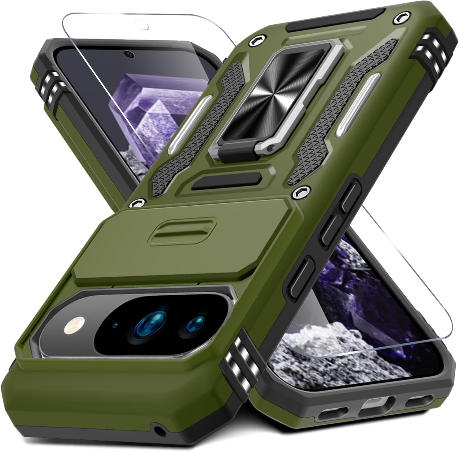Case for Google Pixel 10/10 Pro with Slide Camera Cover+Screen Protector(1 Pack), Rotated Ring Kickstand Military Grade Shockproof Protective Cover-Green