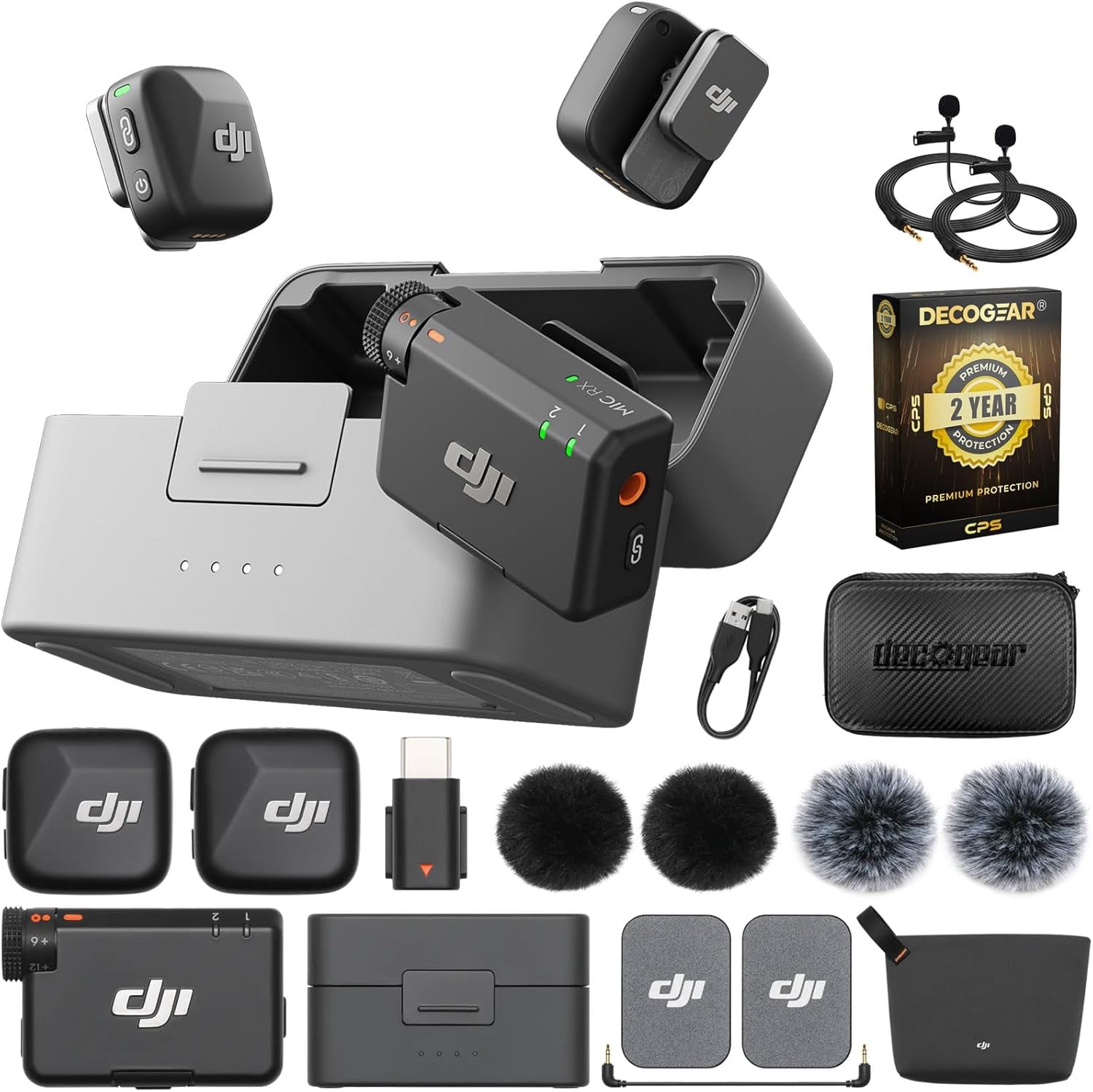 Mic Mini (2 TX + 1 RX + Charging Case) Wireless Lavalier Microphone, Ultralight, Noise Cancelling, up to 48-Hour Battery Life Bundle with 2 X Deco Gear Lapel Microphone and 5" EVA Case