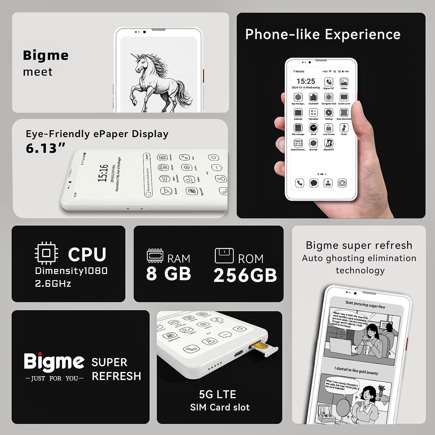 Hibreak Pro 6.13" Epaper Cell Phone 8+256 GB Android 14 OS Smart Phone,5G Dual SIM, GPS