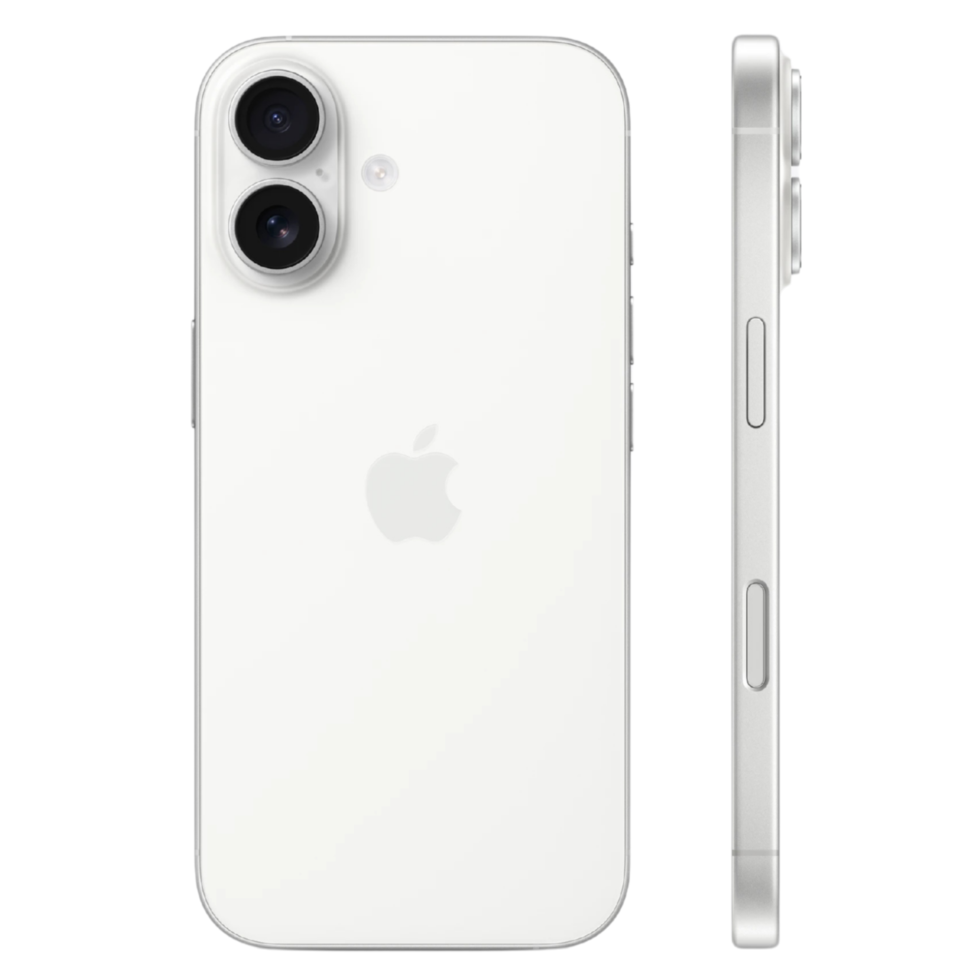 Vista trasera y lateral de un iPhone 17 en color blanco. Muestra el sistema de doble cámara, el logo de Apple y los botones laterales de color plateado.