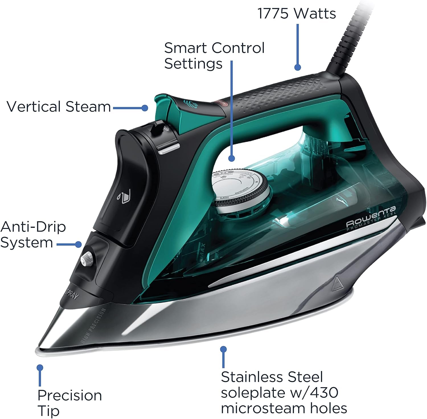 Pro Master Stainless Steel Soleplate Steam Iron for Clothes, 210 G/Min, 400 Microsteam Holes, Cotton, Wool, Poly, Silk, Linen, Nylon, 1775 Watts Iron Steamer for Clothes, Powerful Steam DW8360