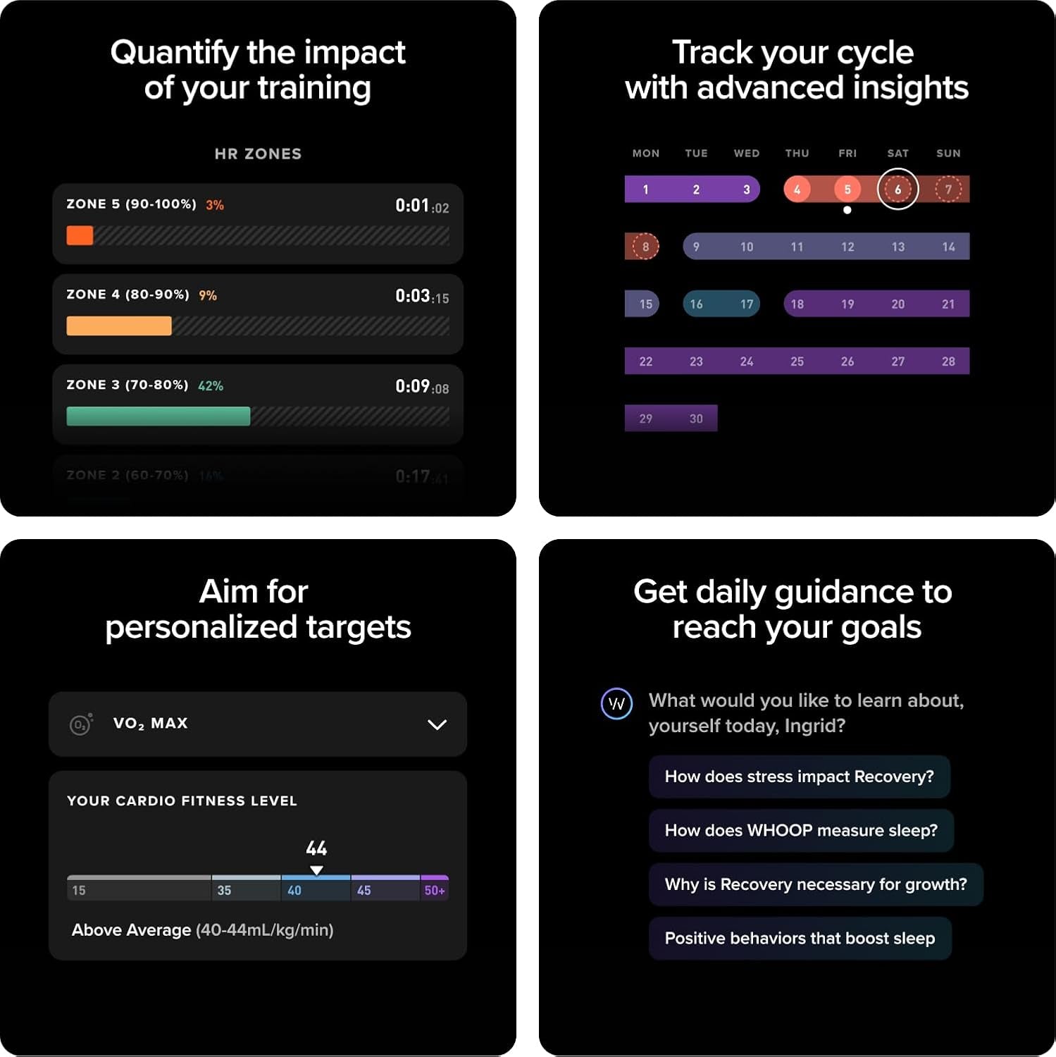 Interfaz app WHOOP: zonas cardíacas, ciclo menstrual, VO2 max y guía.