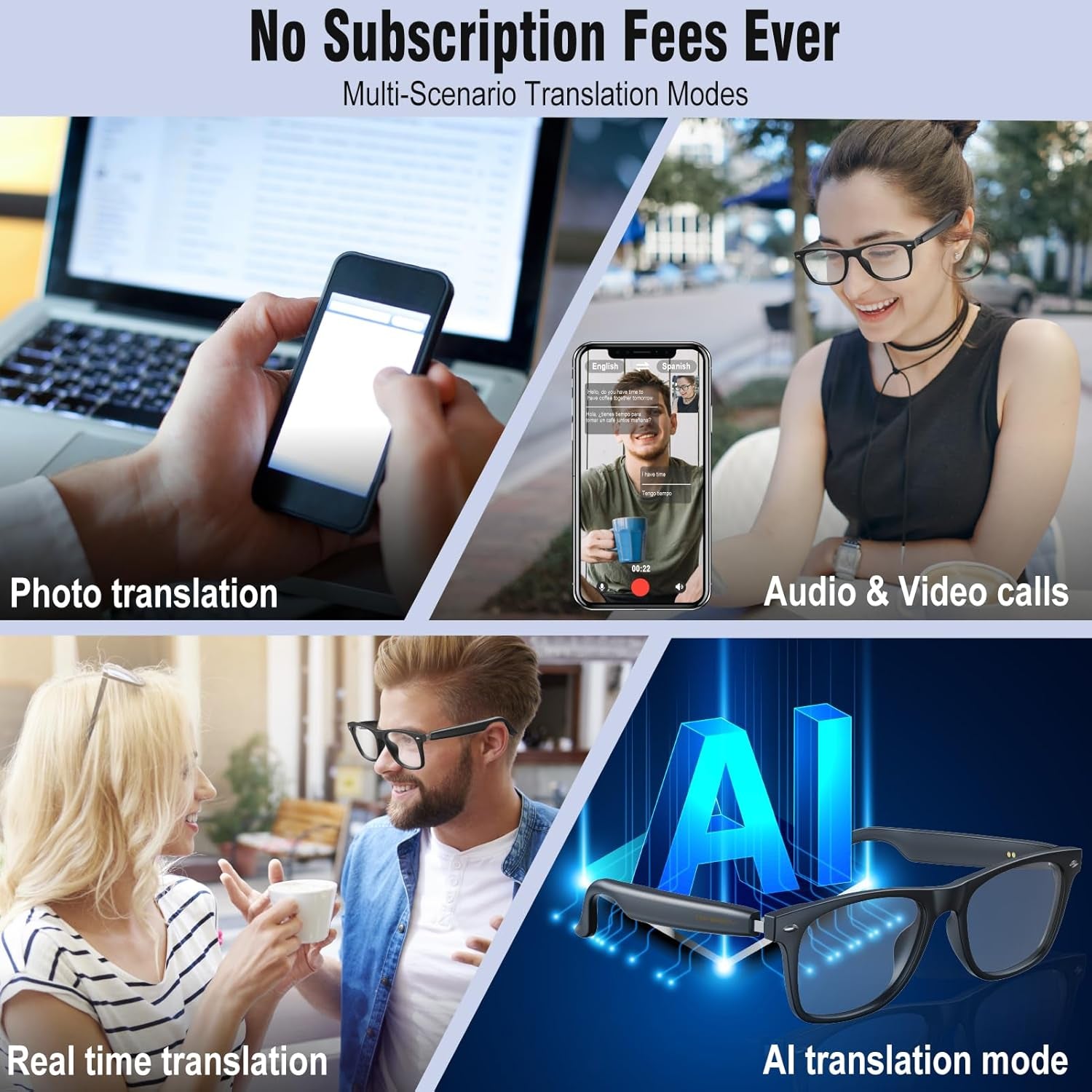 AI Translation Smart Glasses with Chat GPT for Men and Women, Bluetooth Sunglasses with Translator 164 Languages and Color-Change Lens, Music Playback & Hands-Free Calls, UV & Blue Light Protection