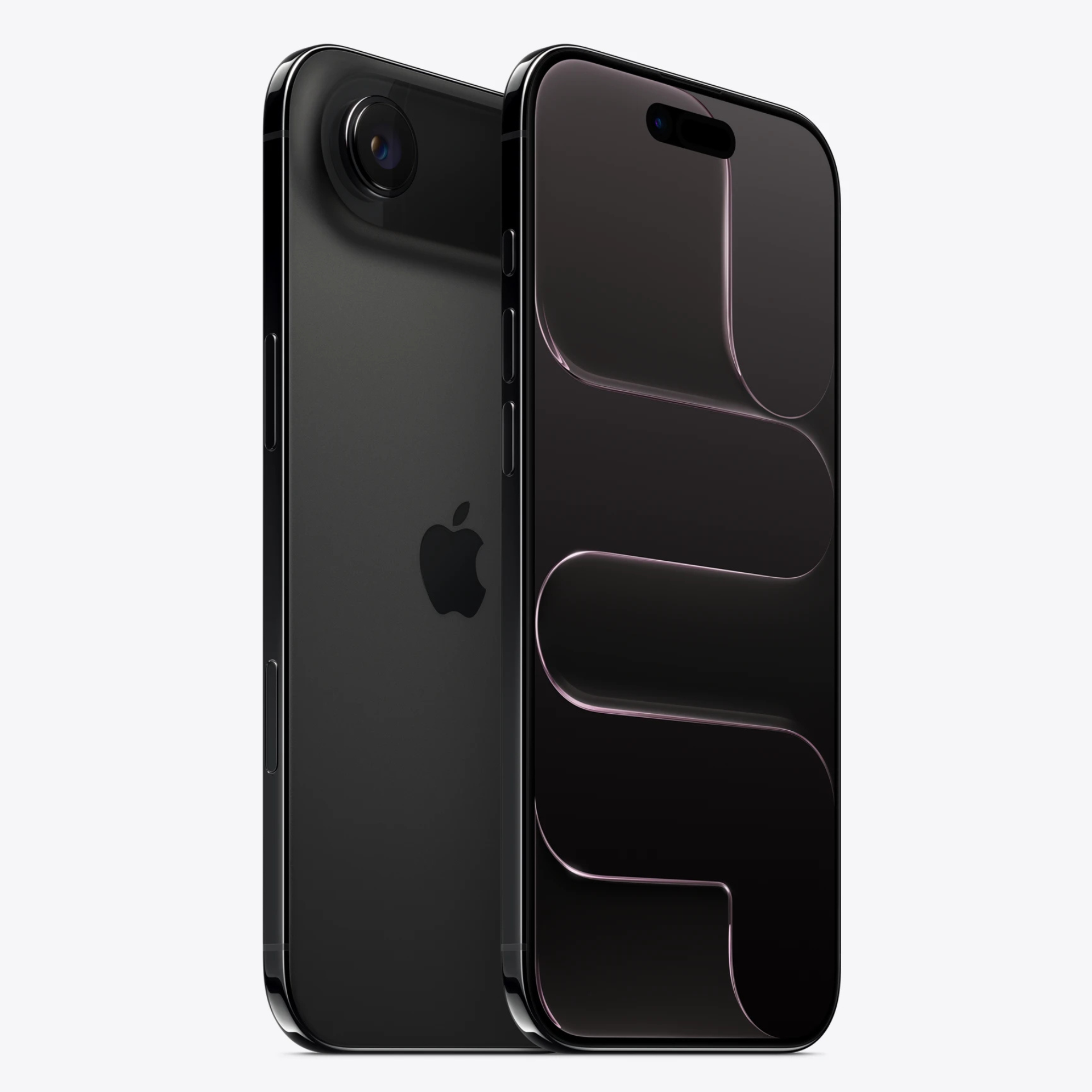 Renderizado de un iPhone 17 Air en negro. Muestra la parte trasera con cámara única y la pantalla encendida con un fondo de pantalla abstracto oscuro.