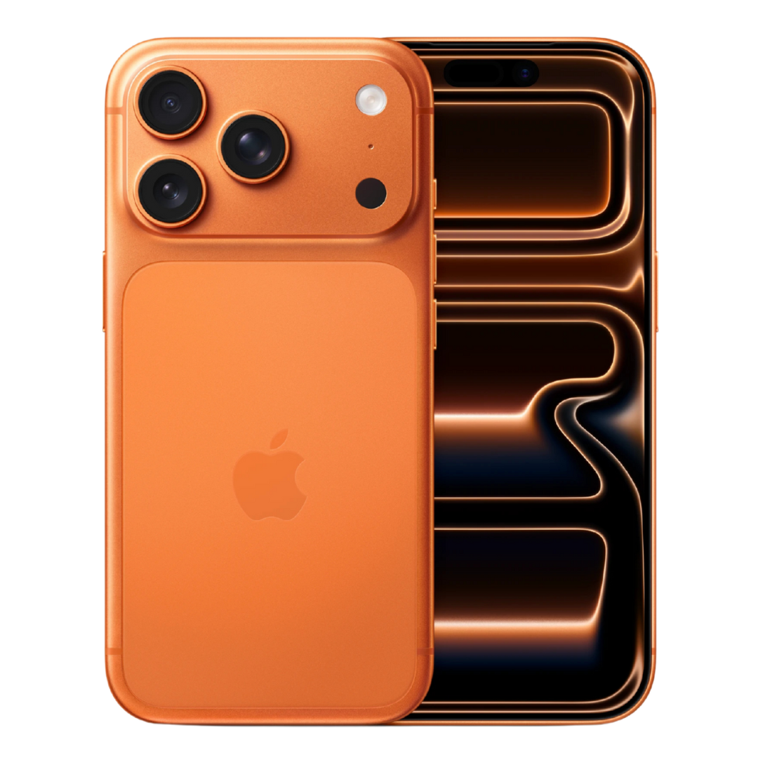 iPhone 17 Pro Max color naranja. Vista trasera con triple cámara y logo de Apple, junto a la pantalla frontal encendida.