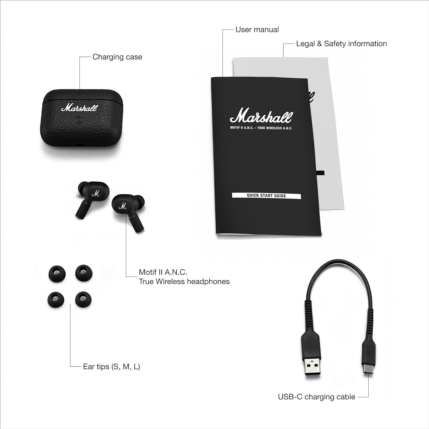 Motif II True Wireless Active Noise-Canceling Earbuds Headphones, Black