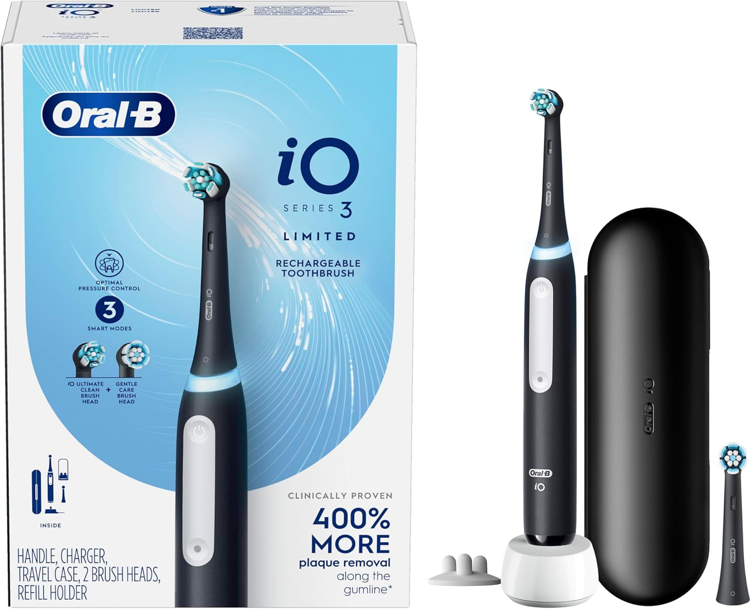 Io Deep Clean Rechargeable Electric Toothbrush, Black, Io Series 3 Limited, 2 Brush Heads, Travel Case, Pressure Sensor, 3 Cleaning Settings