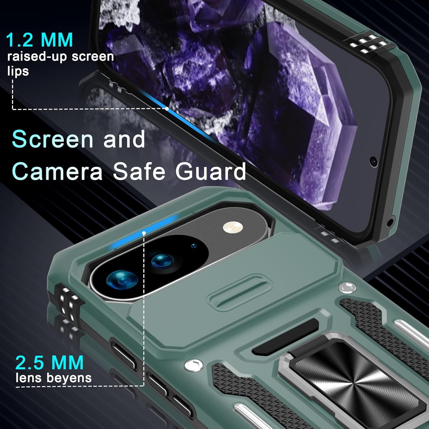 Case for Google Pixel 10/10 Pro with Slide Camera Cover+Screen Protector(1 Pack), Rotated Ring Kickstand Military Grade Shockproof Protective Cover-Green