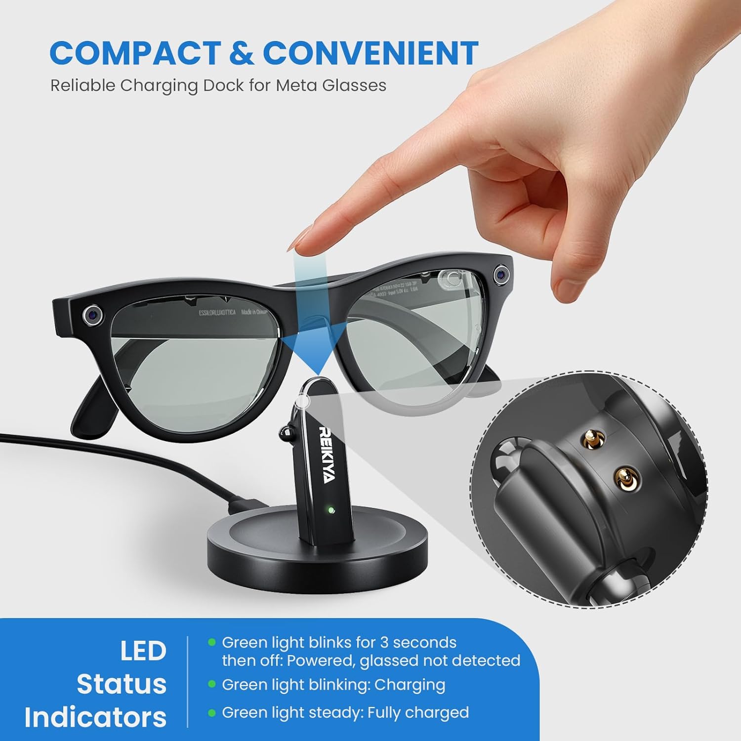 Base de carga para gafas inteligentes Ray-Ban Meta, base de carga portátil para Wayfarer, Headliner y Skyler con cable USB-C de 1 m, cargador para gafas Ray-Ban Meta y accesorios Ray-Ban Meta.