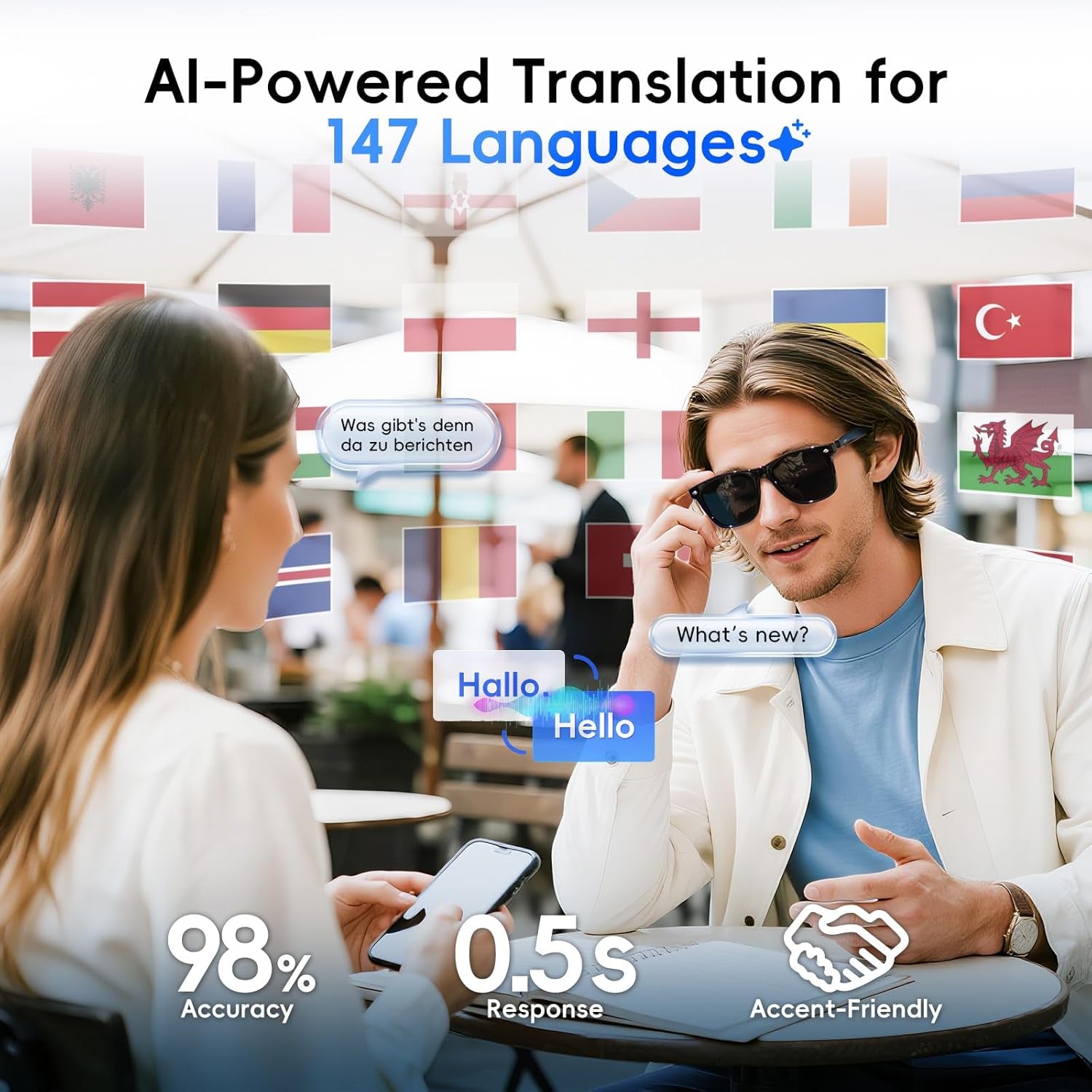 AI Glasses for Men & Women, Smart Glasses Powered by Chatgpt, AI Real-Time Translation with 147 Languages, 11H Music Play, Bluetooth Sunglasses with Polarized Lens, UV Protection for Daily Use, Travel