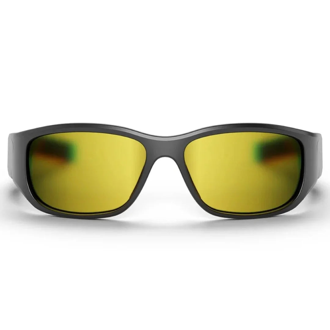 afas de sol inteligentes deportivas negras con lentes amarillas de alto contraste, ideales para ciclismo o conducción nocturna.
