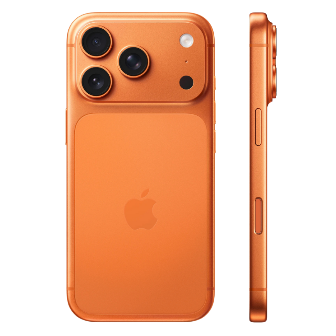 Vista trasera y lateral de un iPhone 17 Pro en color naranja. Muestra el sistema de triple cámara y el escáner LiDAR con el perfil delgado.