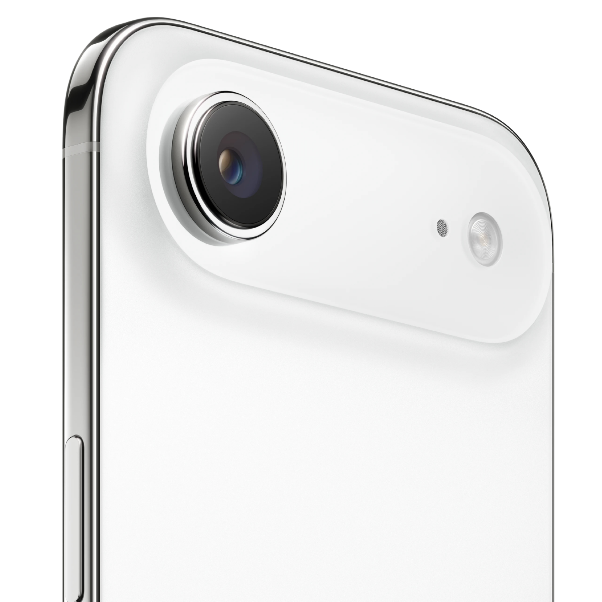 Primer plano de la cámara trasera individual y el flash LED del iPhone 17 Air en color blanco. Se aprecia el marco cromado y el botón lateral.