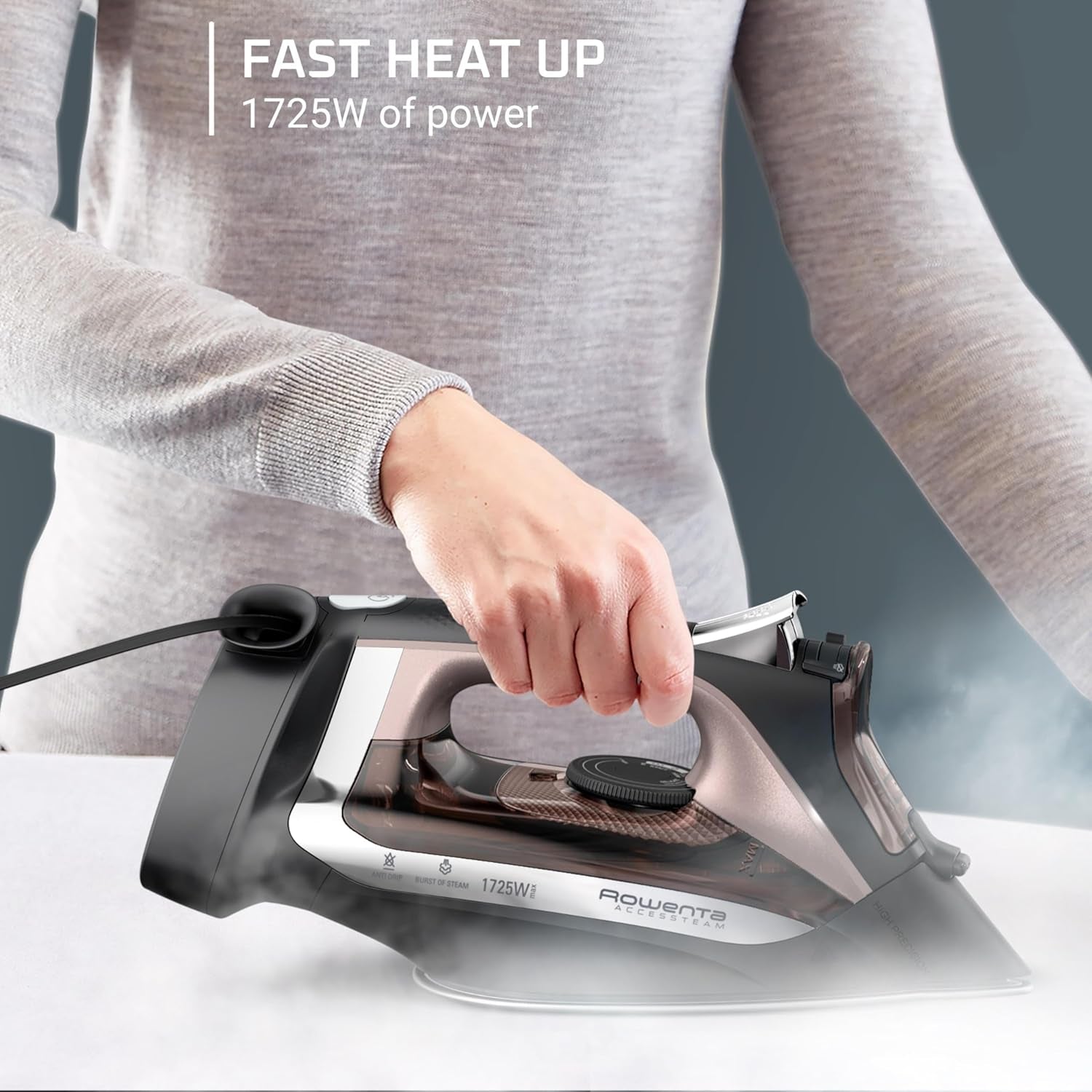 Access Stainless Steel Soleplate Steam Iron with Retractable Cord, Powerful Steam Diffusion, Auto-Off and Anti-Drip, 1725 Watts, Black Clothes Iron, DW2459