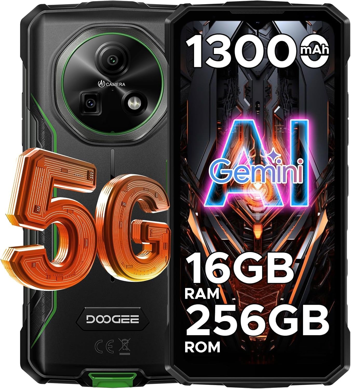 Fire 7(2025) AI 5G Rugged Phone,13000Mah/18W,Android 15 Rugged Smartphone,16Gb+256Gb/Tf 2TB,6.6" HD+ 90Hz Dimensity 6300 Gaming Phones,64Mp+16Mp,Ip68/Ip69K Waterproof,Nfc/Otg/Face ID