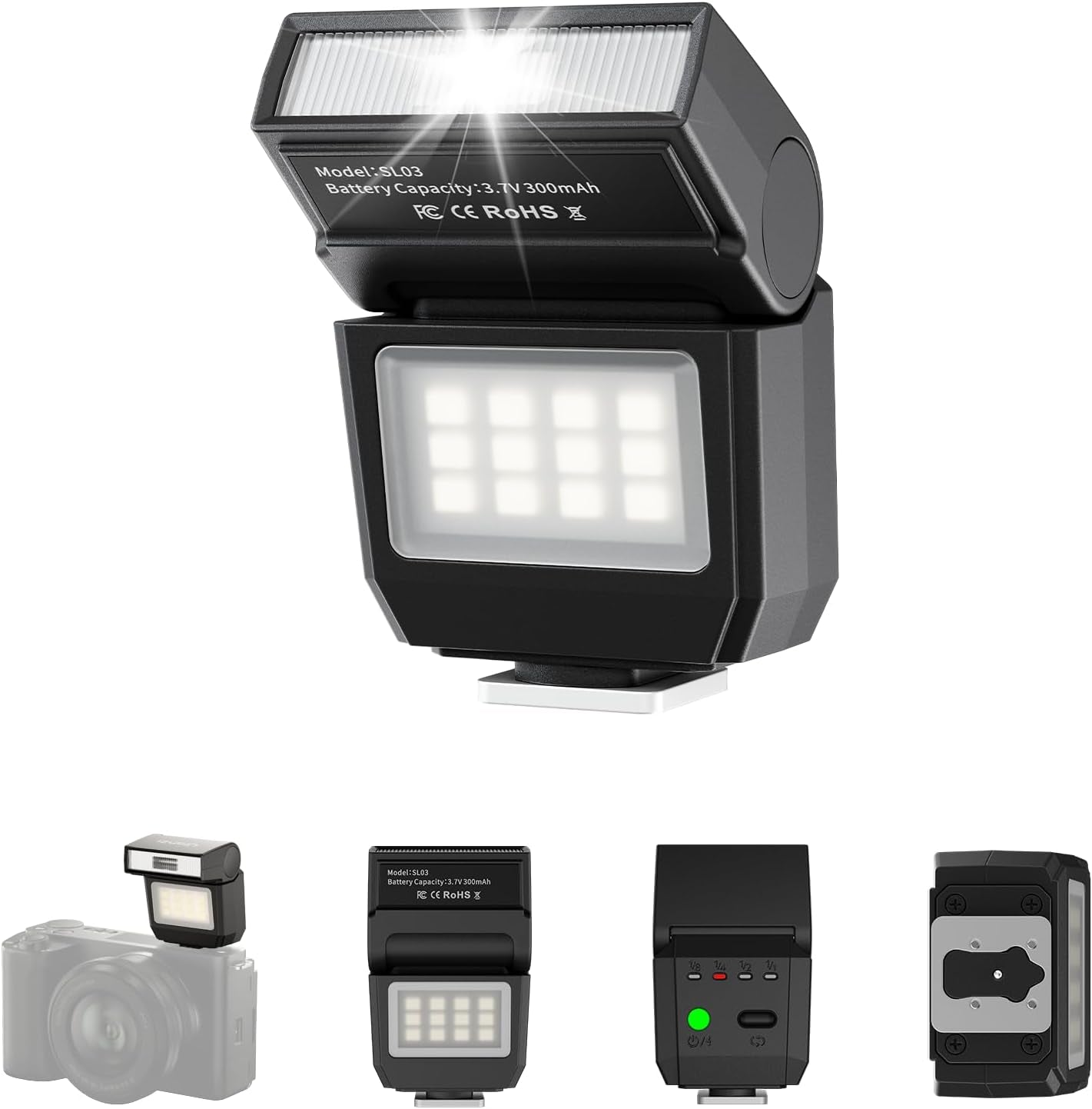 SL03 Camera Mini Flash Speedlite with Video Light for Beginners Basic, GN8 6500K Flash 90° Adjust Angle Speedlite Compatible with Sony DSLR Cameras, Universal Single Contact Hot Shoe Mount