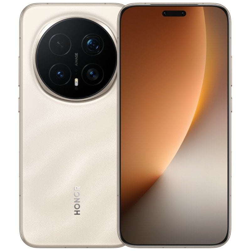 Smartphone HONOR Magic 8 Pro crema: pantalla y módulo de cámara AI.