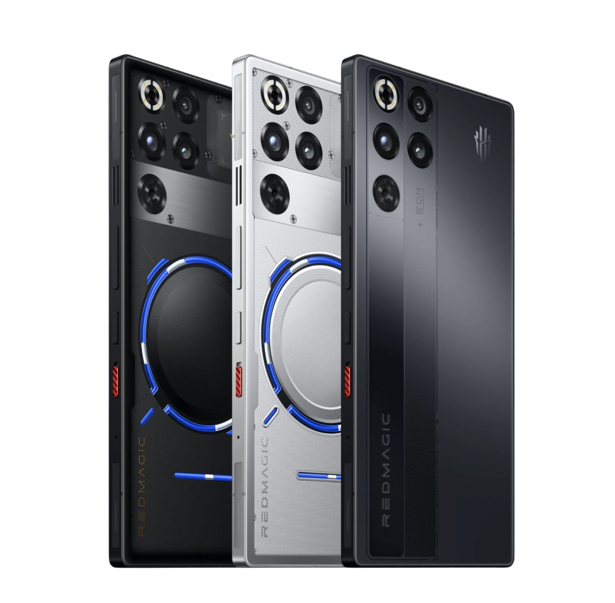 Smartphones RedMagic 11 Pro en negro, blanco y gris con anillo LED azul trasero.