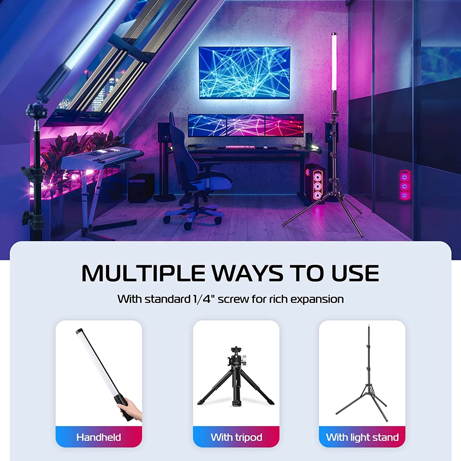 VL119 Handheld Light Wand, 360° RGB LED Video Light Stick for Photography, 3300Mah Rechargeable Tube Light for Video Shooting, 2500-9000K Dimmable Camera Light with LCD