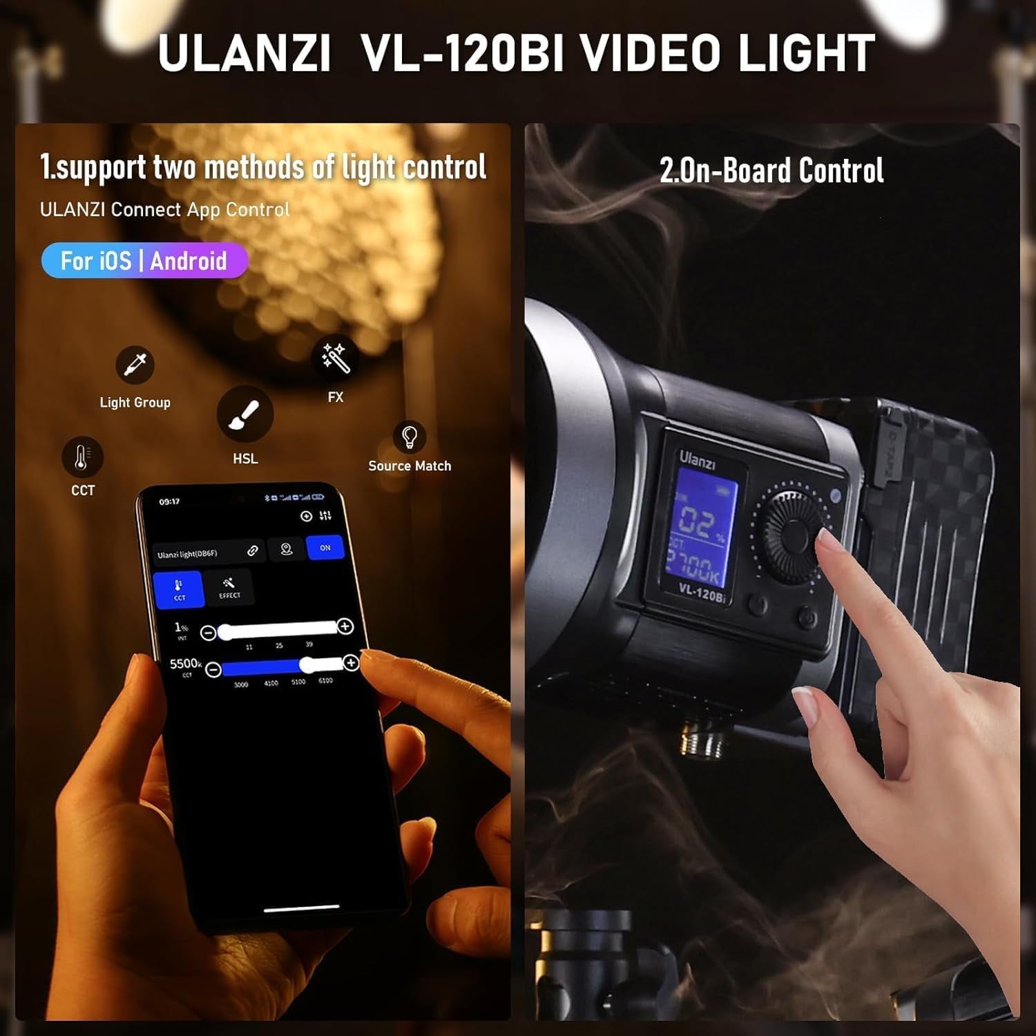 V-Mount LED Video Light COB Continuous Output Lighting, 120W Bi Color 2700K-6500K COB Bowens Mount Photography Fill Light 20700Lux/1M 20 Preset Effects with APP Control Studio Light