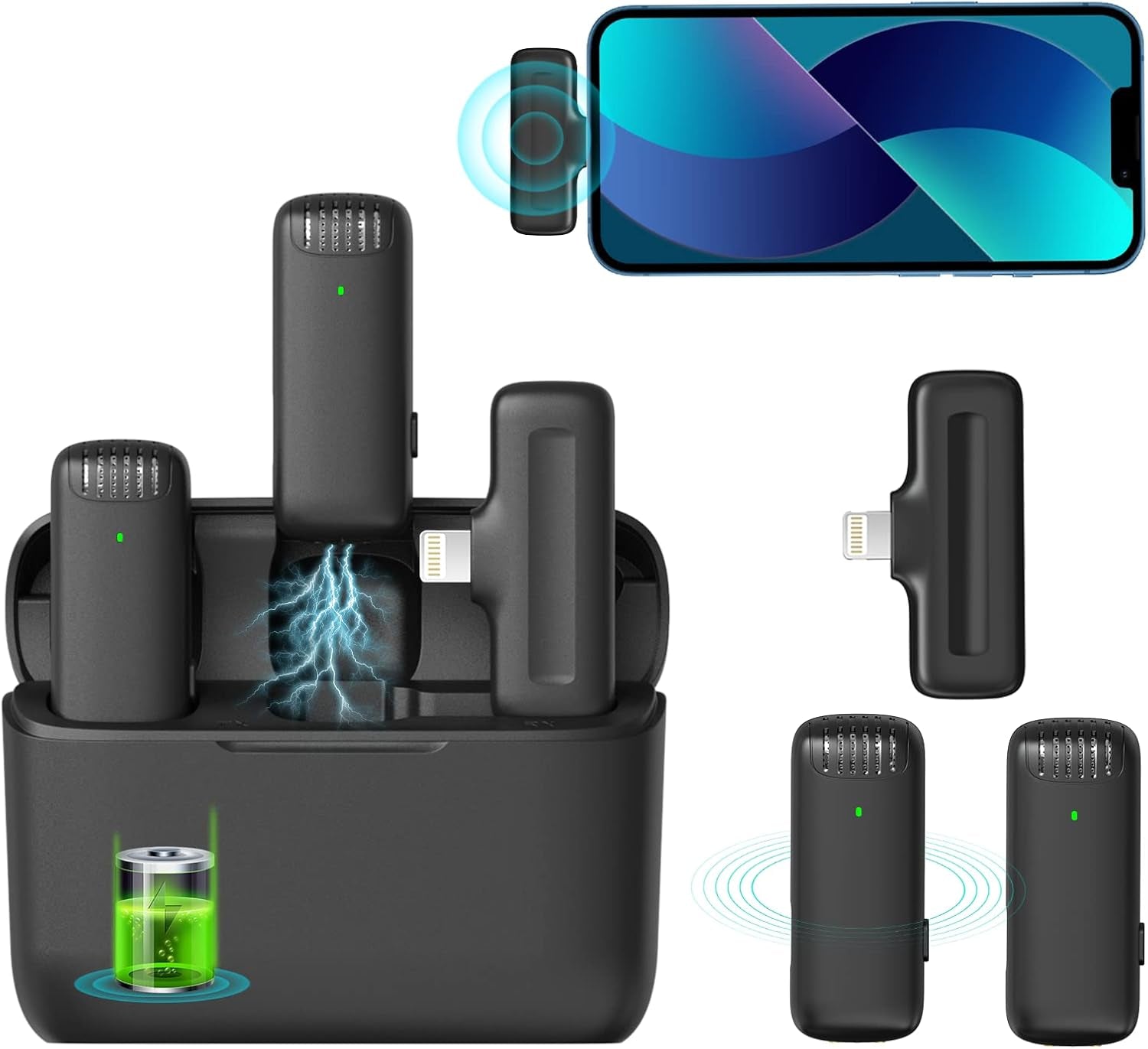 J12 Wireless Lavalier Microphone for Iphone Ipad, 2-In-1 Plug-Play Mic with Charging Case for Phone Video Recording, 65Ft Transmission Range