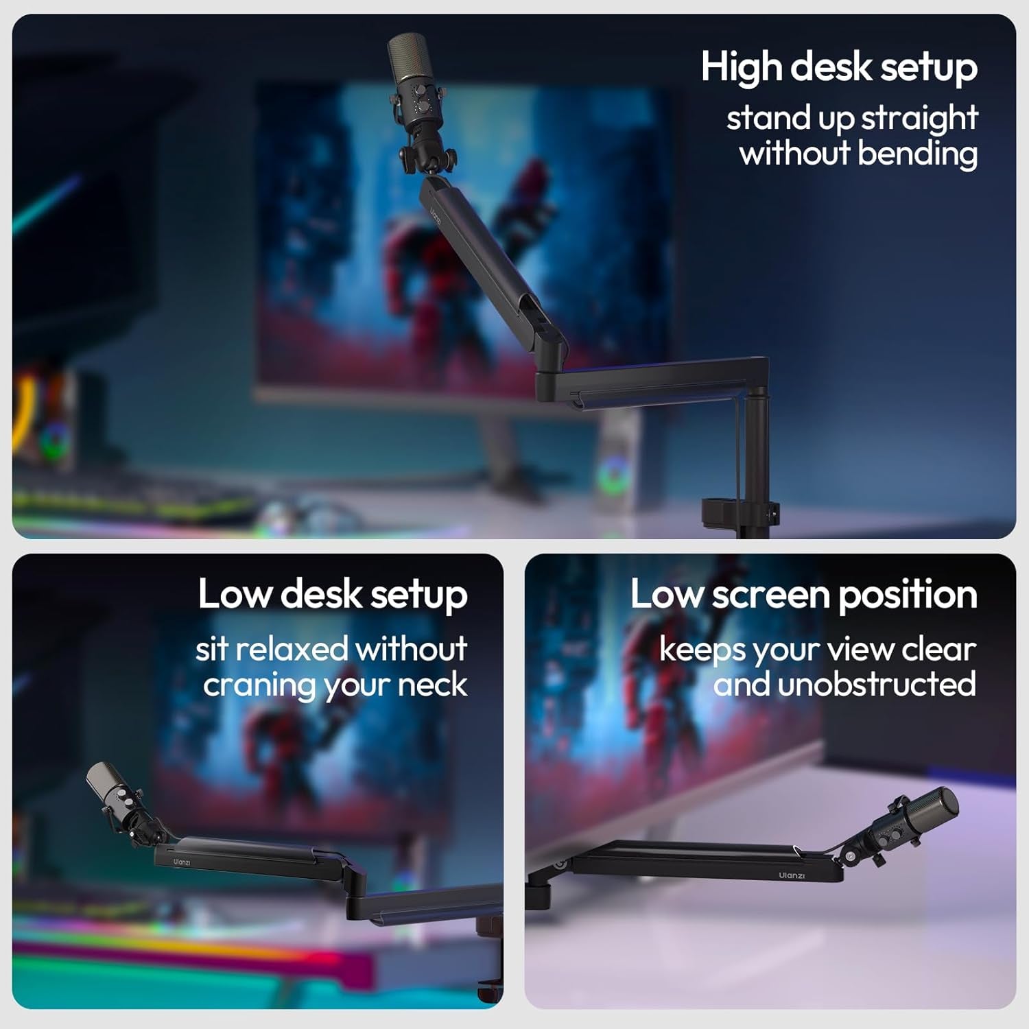 ZJ05 Premium High-Low Profile 2-In-1 Design Microphone Boom Arm with Ballhead Cold Shoe Fully Adjustable, with Cable Management Channels, Desk Clamp for Podcast Streaming Gaming Studio