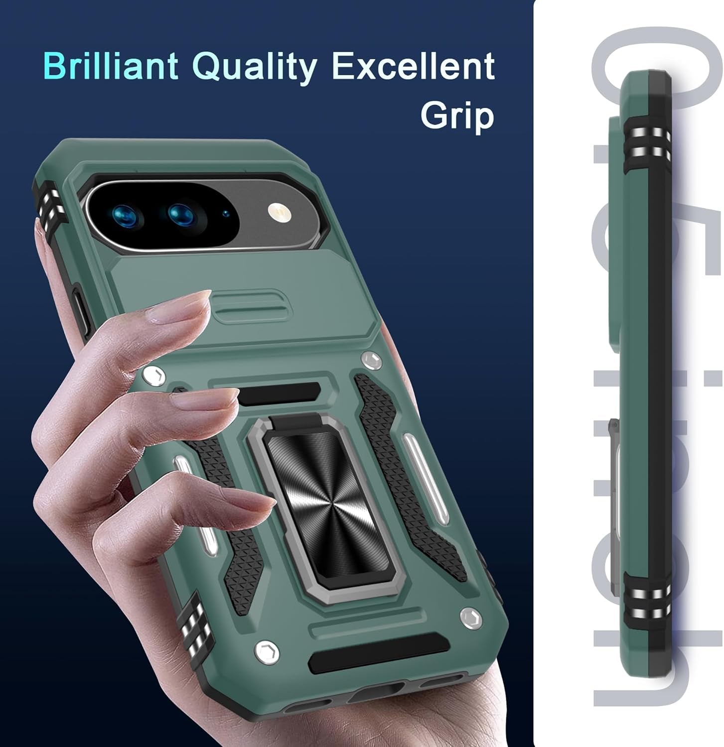 Case for Google Pixel 10/10 Pro with Slide Camera Cover+Screen Protector(1 Pack), Rotated Ring Kickstand Military Grade Shockproof Protective Cover-Green