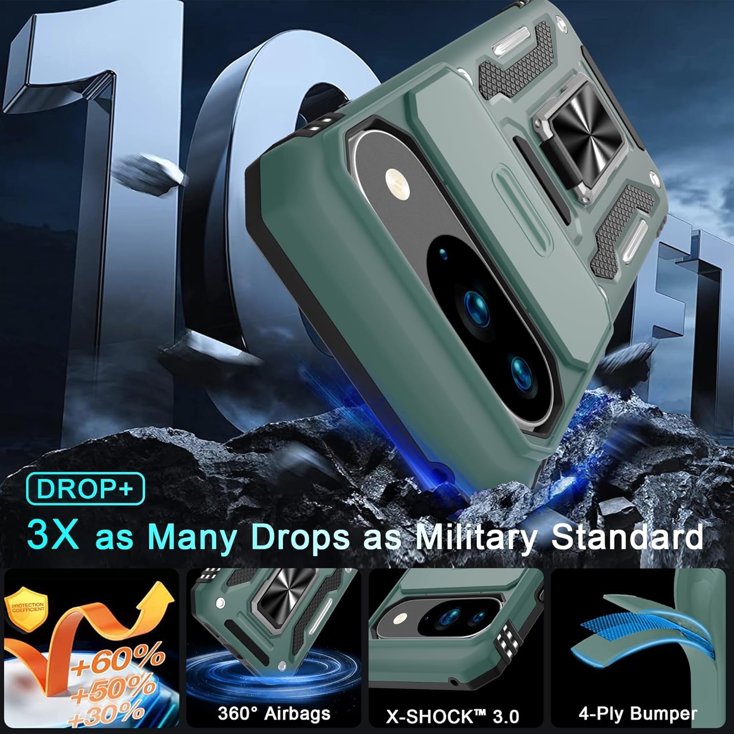 Case for Google Pixel 10/10 Pro with Slide Camera Cover+Screen Protector(1 Pack), Rotated Ring Kickstand Military Grade Shockproof Protective Cover-Green