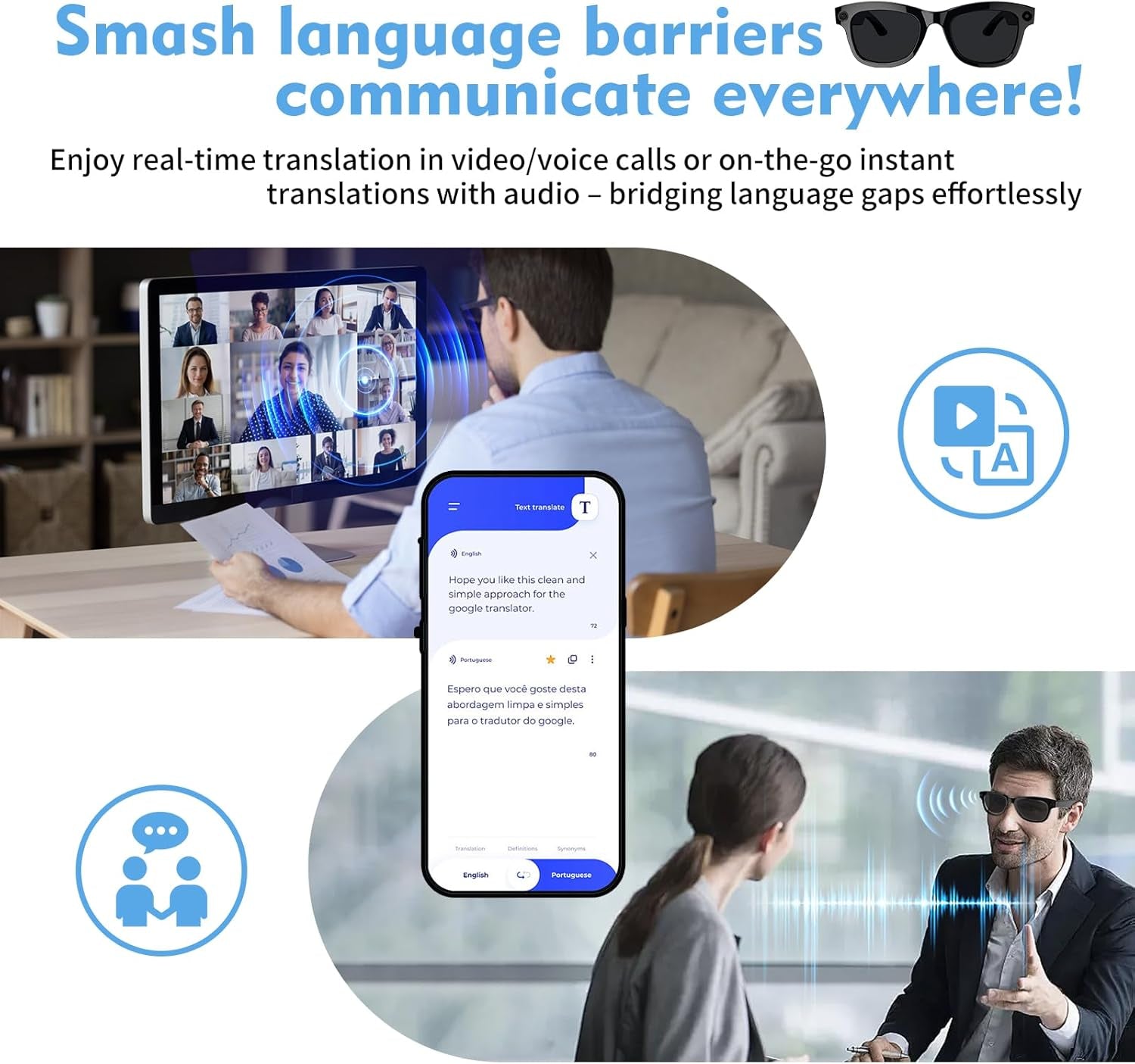 AI Smart Glasses with Chatgpt & 500W Camera | Video Recording, Sunglasses for Real-Time Translation, Music Control, EIS Stabilization | Wifi/Bluetooth 5.3 Smart Eyewear for Travel, Meetings
