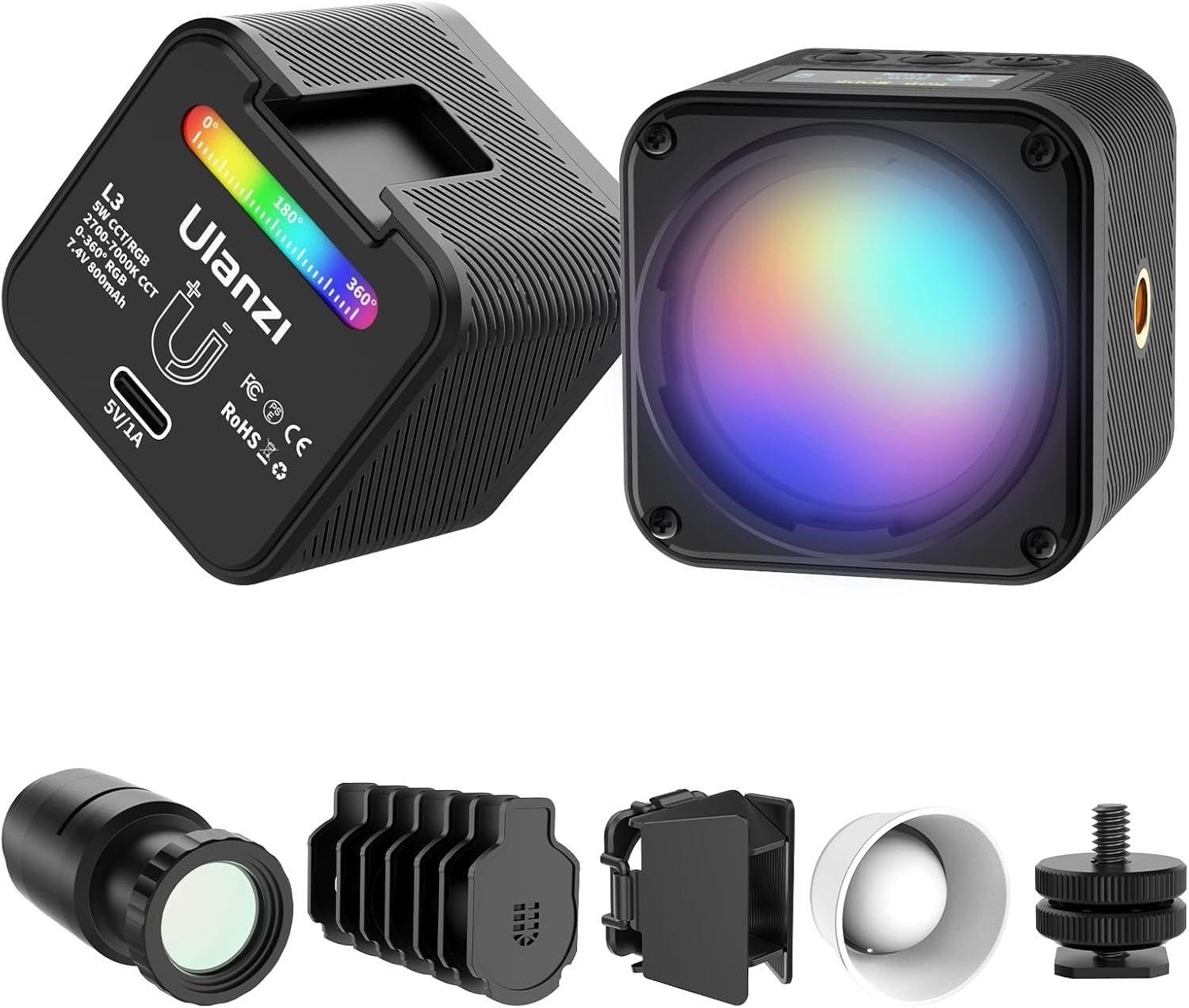 L3 RGB LED Video Light, Magnetic Camera Lighting Kit 2700K-7000K Mini Cube COB Light Dimmable Photography Fill Light with Barndoor, Fresnel Lens Cold Shoe for Smartphone,Action,Dslr Camera