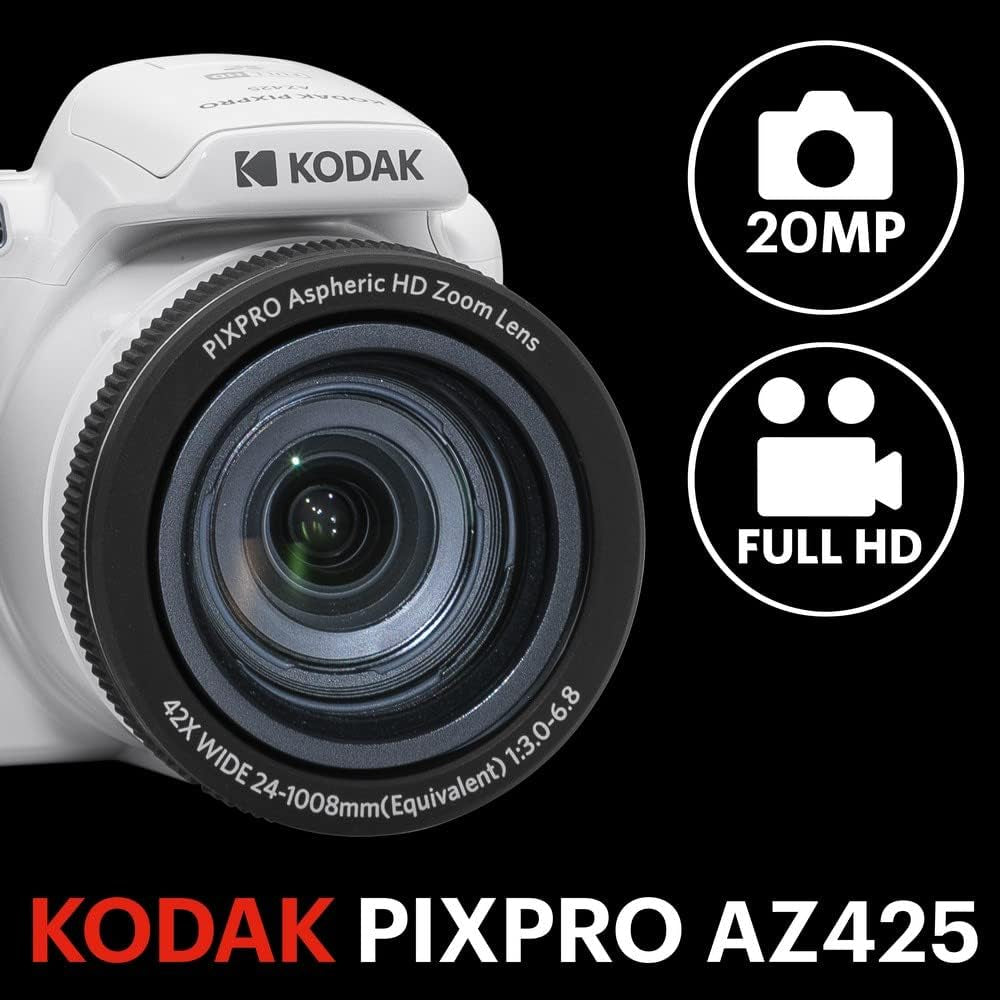 PIXPRO AZ425-WH 20MP Digital Camera 42X Optical Zoom 24Mm Wide Angle Lens 1080P Full HD Video Optical Image Stabilization Li-Ion Battery 3" LCD Vlogging Camera (White)