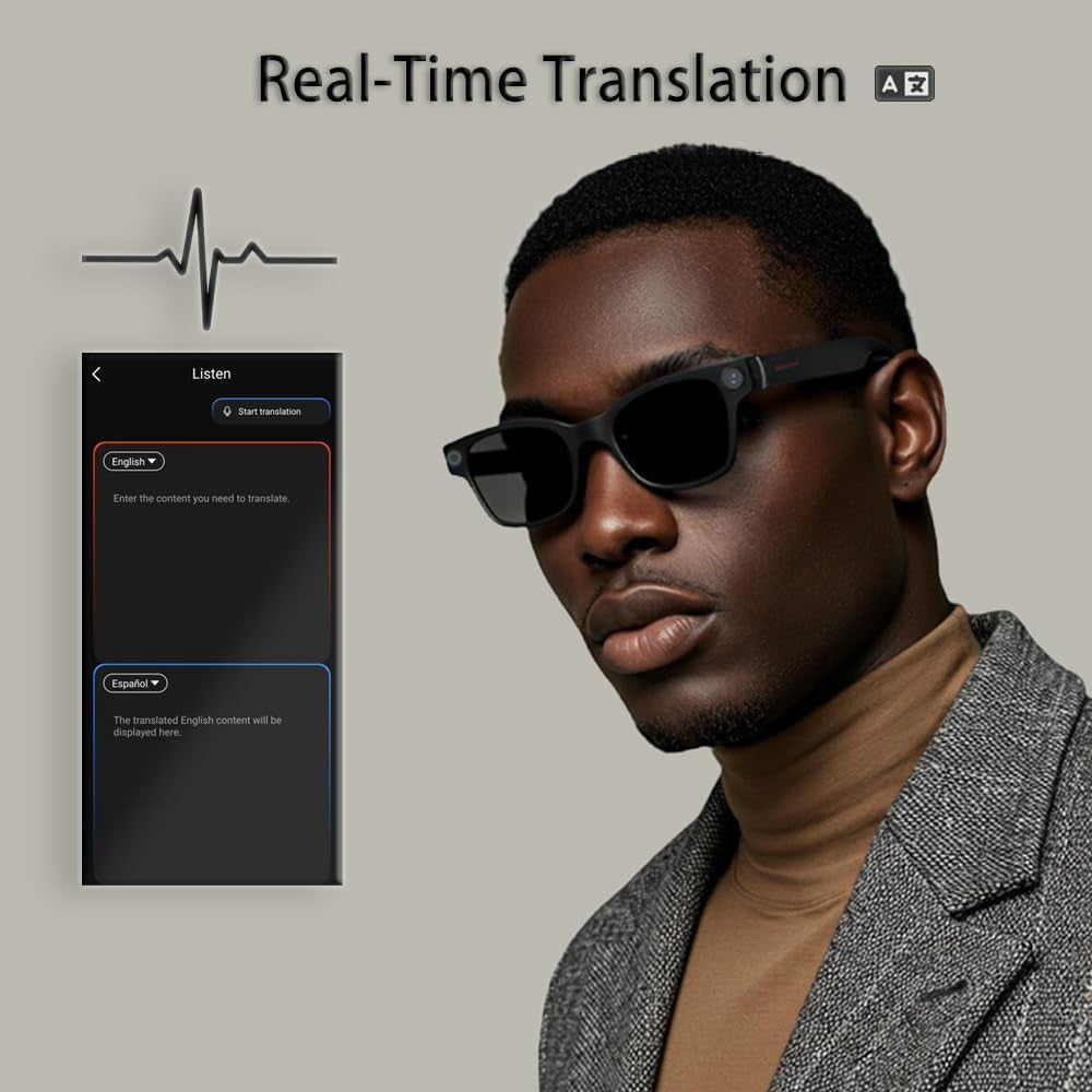 4K Camera Glasses, AI Smart Glasses with Real-Time Translation & Object Recognition,32Gb Storage, Max 10Hrs Playtime | 2 Lens Set(Transparent&Black for Outdoor,Work,Travel, Business - Black
