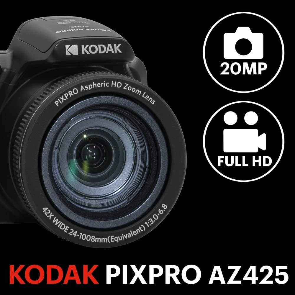 PIXPRO AZ425-BK 20MP Digital Camera 42X Optical Zoom 24Mm Wide Angle Lens 1080P Full HD Video Optical Image Stabilization Li-Ion Battery 3" LCD Vlogging Camera (Black)
